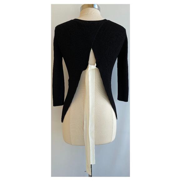 Maje Meely Black Ribbed White Open Back Tie Crewneck Sweater Pullover sz 3, US L - Picture 2 of 9